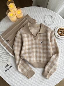 Sparklyn 两件套女童针织套装，粉色可爱刺绣兔子格子毛衣+针织迷你裙，少女长袖V领套头衫，秋冬季休闲优雅风