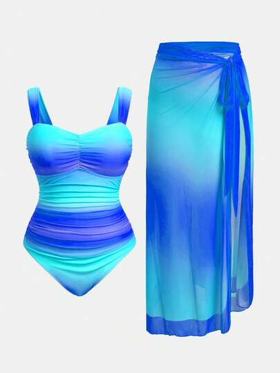Swim Oasis Plus Size Women 2pcs Gradient Ruched One-Piece Swimsuit