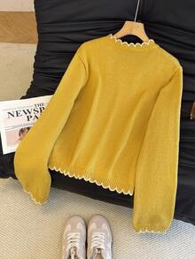 SHEIN Franclia Cárdigan con volantes de color contrastante estilo romántico francés, estilo de transporte - Amarillo - Ver 2