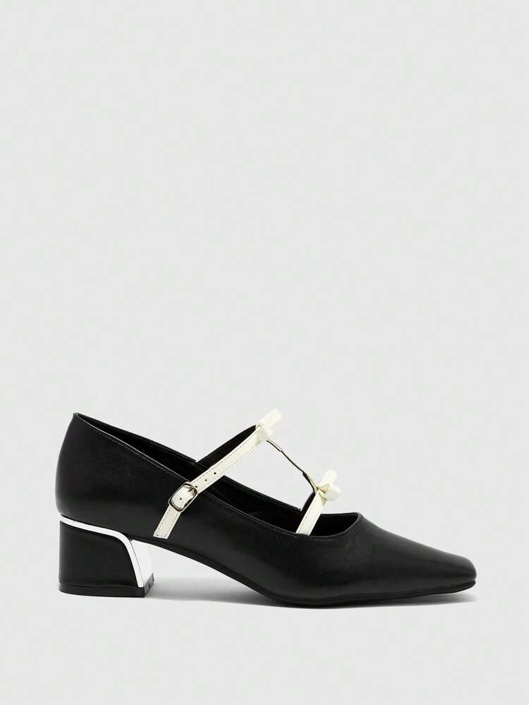 CUCCOO BIZCHIC French Elegant Low Heel Colorblock Square Toe Chunky Heel Pumps