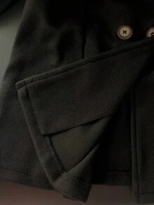 SHEIN Young Girls' Black Double-Breasted Peter Pan Collar Woolen Coat On