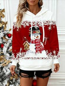 SHEIN LUNE Sudadera casual de mujer con estampado de muñeco de nieve y cordón, adecuada para Navidad, otoño/invierno - Rojo - Ver 1