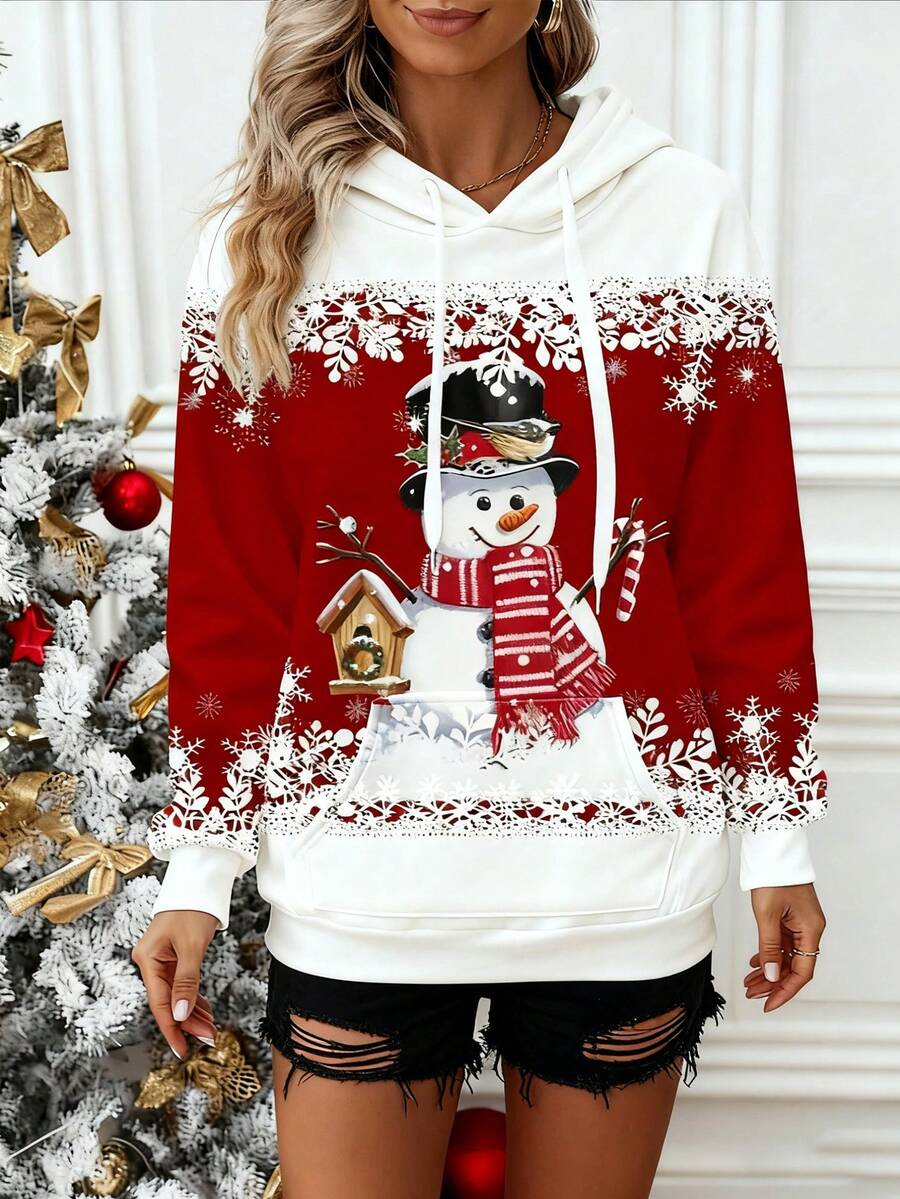 SHEIN LUNE Sudadera casual de mujer con estampado de muñeco de nieve y cordón, adecuada para Navidad, otoño/invierno - Rojo - Ver 1