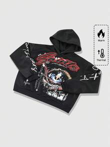 ROMWE MEN Street Life 男士连帽卫衣，休闲街头风，流行美式眼睛图案印花短款连帽衫，秋冬季长袖上衣 - 黑色 - 查看 6