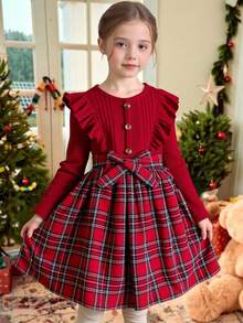 Elladie kids Young Girls Red Knit Plaid Patchwork Round Neck Long Sleeve Dress With Belt, Sweet Style, Suitable For Christmas, Autumn/Winter Christmas   Christmas Young Girls Dress  Princess Halloween/Christmas Party  Dresses Girls Red And Plaid Sets - Burgundy - View 1