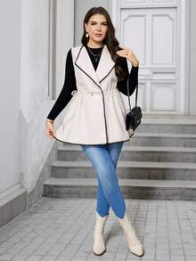 Modelyn Chaqueta sin mangas con cintura con cordón y ribete de color block, talla grande, para otoño/invierno - Albaricoque - Ver 4