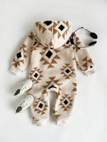 SHEIN Baby Girl Winter Beige Patchwork Hooded Jumpsuit 1 Piece, Zipper Closure, Geometric Pattern, Loose Fit, Suitable For Outings Leisure Wear - White - View 2