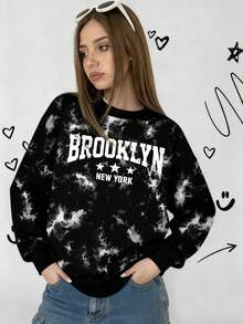 一件少女扎染风格 BROOKLYN 字母印花保暖内衬圆领长袖卫衣，黑色，街头休闲风，适合秋冬季穿着 - 黑色 - 查看 3