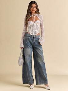 SHEIN BAE 夏季穿搭秋季内搭黑色蕾丝镂空上衣茶歇风宫廷风穿搭适合约会下午茶聚会旅行穿搭长袖上衣女上衣