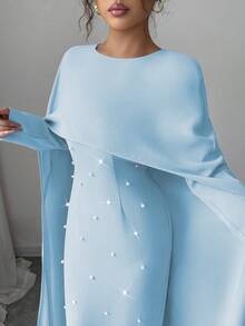 Elenzga 女士秋冬针织圆领长袖伞状泡泡袖珍珠装饰腰部修身超长派对连衣裙，优雅百搭 - 淺藍色 - 查看 3