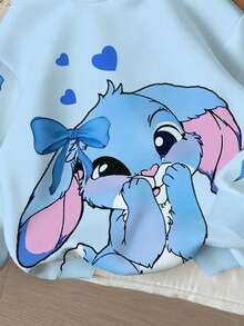 1pc Young Girls' Casual Cute Cartoon Rabbit Bow Print Blue Sweatshirt, Cozy Fall & Winter Styles Long Sleeve Tops - Multicolor - View 4