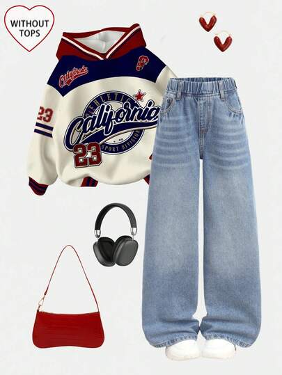 Girlism 少女休闲基础款简约舒适弹力腰宽松阔腿蓝色牛仔宽松牛仔裤，秋冬季，休闲百搭，适合秋冬日常穿着和街头穿搭，也适合万圣节、圣诞节、新年、感恩节等节日穿着。