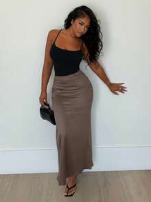 Alexandranx High Waist Maxi Mermaid Skirt - Coffee Brown - View 6