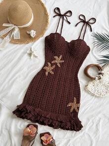 Soleia Women's Vacation Peach Starfish Decor Double Ruffle Halter Sweater Dress, Suitable For Holiday, Date, Afternoon Tea, Beach, Cruise, City Trip, Wedding Season, Music Festival, Boho Vacation - Brown - View 5