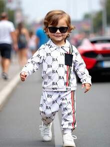 2pcs Baby Boys' Casual Daily Fashion Letter All-Over Print Polo Collar Half-Zip Long Sleeve T-Shirt And Straight Leg Pants Set, Suitable For Outings And Home Wear In Autumn/Winter - Multicolor - View 4