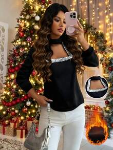 Elenzga Women's Winter Small Round Neck Drop Shoulder Long Sleeve Loose Hem Ribbed Splice Hollow Sequin Trim Elegant Fashion Casual Sweatshirt - Black - View 1