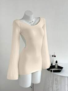 Elamini Vestido de suéter ajustado con mangas acampanadas y espalda abierta, minimalista y sexy, para mujer en otoño/invierno - Albaricoque - Ver 2
