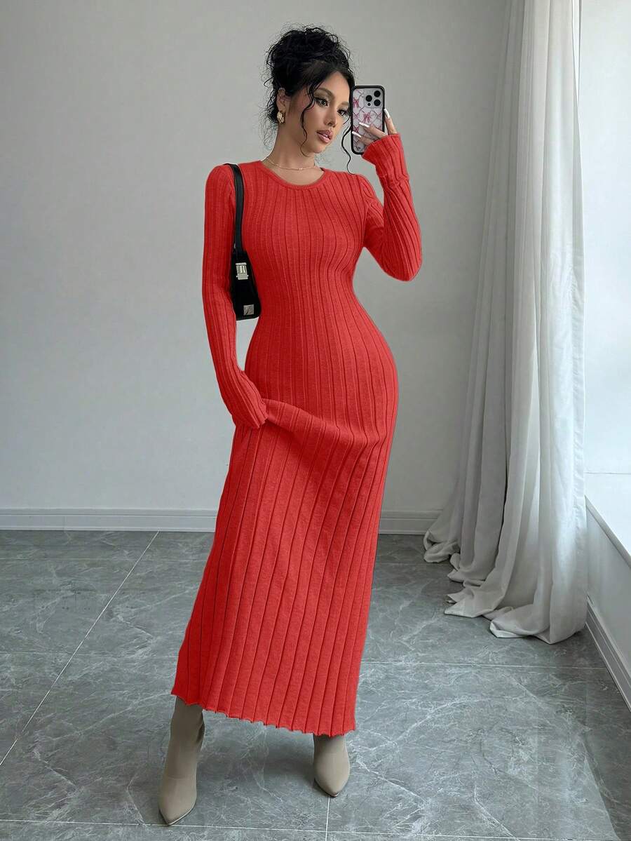 Rafferiza Váy len dệt kim màu trơn đơn giản, Thu/Đông - Đỏ - Xem 1