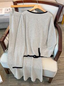 GlowEve CURVE Set Sweater Rajut Kasual Wanita Ukuran Besar, Musim Gugur/Musim Dingin - Aprikot - View 2