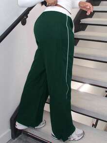Alexandranx 女式纯色拼布前系带腰休闲裤，简约设计，适合日常穿着 - 墨綠色 - 查看 2