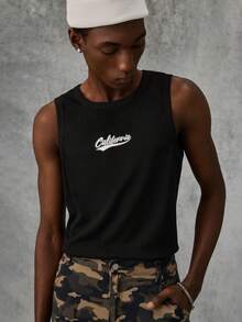 AXEPEAK Men's Letter Print Loose Round Neck Tank Top - Black - View 8