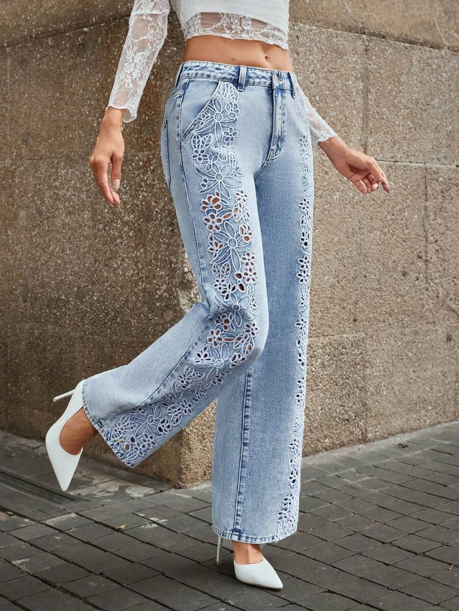Selenza Women's Casual Versatile Hollow Embroidered Straight Washed Light-Colored Denim Jeans - Light Wash - View 1