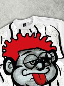 Manfinity EMRG Men's Street Cartoon Portrait Print Round Neck Short Sleeve Loose T-Shirt - White - View 3