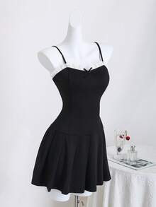 SHEIN Unity 女士夏季蕾丝边无袖褶裥下摆连衣裙 - 黑色 - 查看 5