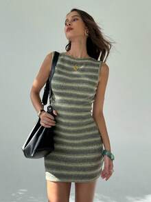 Aloruh 女士条纹圆领修身休闲无袖迷你连衣裙 - 綠色 - 查看 8