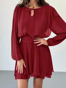 Aloruh Váy mini buộc dây tay dài viền bèo nhún màu tím mận lãng mạn cho ngày lễ hội âm nhạc dành cho nữ - Đỏ - Xem 5