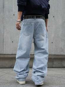 Manfinity EMRG 男士休闲通勤水洗阔腿牛仔裤 - 淺色水洗藍 - 查看 2