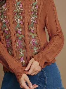 WESTFADE Floral Embroidered Cable Knit Crew Neck Long Sleeve Relaxed Knit Sweater - Red - View 6