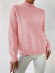 EMERY ROSE 纯色高领落肩长袖休闲宽松针织套头毛衣 - 淺粉色 - 查看 3