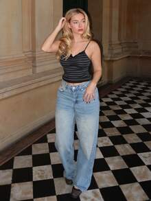 Turnttoni Black & Gray Stripe Lace Trim Camisole Top - Dark Grey - View 1