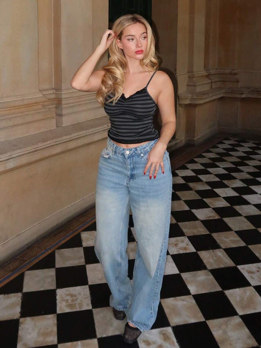 Turnttoni Black & Gray Stripe Lace Trim Camisole Top - Dark Grey - View 1