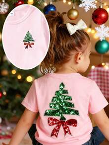 1pc Baby Girl Unisex 0-3Y Christmas Pattern Casual Pink Short Sleeve Crew Neck T-Shirt, Suitable For Christmas Outings, Home Activities, Daily Casual Wear, Christmas Pink Crew Neck T-Shirt - Pink - View 3