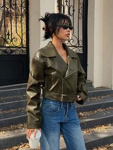 SHEIN Unity Encore Red Loose Design PU Leather Jacket - Olive Green - View 4