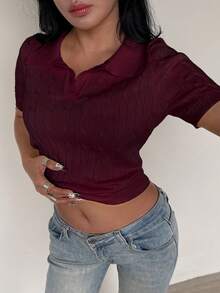 FavEase Women's Twist Rope Polo Neck Yellow Knit Top - Burgundy - View 4