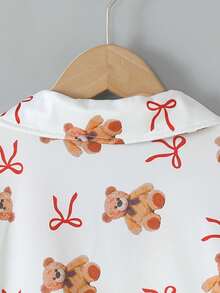 2pcs/Set Girls Cute Bear Print Pajama Set,White Long Sleeve Top & Pants Babydoll Sleep Wear,Sweet & Comfortable Autumn Home Wear,Great New Year Gift - Beige - View 4