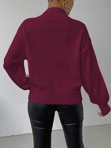 SHEIN LUNE 女士纹理落肩长袖休闲宽松针织衫，秋冬款 - 酒紅色 - 查看 2