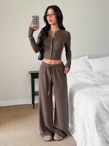 SHEIN PETITE 2025新款春夏女装时尚性感棕色条纹长袖上衣和裤子休闲两件套/春夏女装/夏季女装/万圣节服装/圣诞节女装/派对/招待会/新年服装/返校服装/家居/Y2K/秋季条纹两件套 - 棕色 - 查看 7