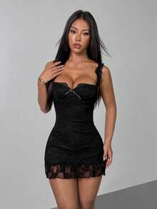 SHEIN PETITE 女士黑色蕾丝蝴蝶结装饰修身无袖迷你连衣裙，黑色连衣裙，优雅高贵，派对礼服，情人节黑色蕾丝连衣裙，性感黑色连衣裙，女士黑色蕾丝连衣裙，黑色束身连衣裙 - 黑色 - 查看 9