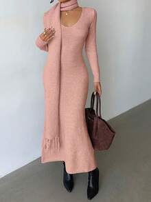 Elenzga 优雅浅杏色V领简约舒适复古风针织连衣裙，配流苏围巾，适合秋冬季通勤和户外活动穿着。 - 粉色 - 查看 8