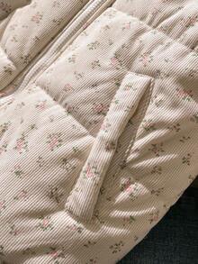 女童加厚连帽羽绒服，印花图案，修身剪裁，耐穿时尚，街头风十足，适合户外活动和日常穿着，保暖冬季街头服饰 - 杏色 - 查看 3