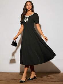 Enchnt 女式亮片装饰蝴蝶结泡泡袖优雅长裙 - 黑色 - 查看 6