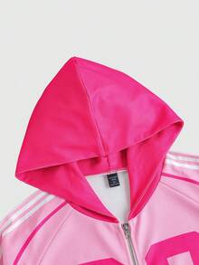 ROMWE MEN Prep Men's Striped & Printed Contrast Color Hooded Zip-Up Long Sleeve Casual Sweatshirt - Pink - View 4
