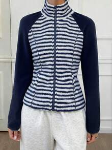 DAZY 女士休闲卫衣，带保暖内衬，撞色条纹拉链高领长袖，秋冬季运动街头风 - 藍色 - 查看 5