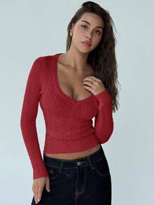 Aloruh Áo len chui đầu cổ chữ V sâu tay dài kiểu dáng mới, thiết kế tối giản, áo khoác ngoài đa năng cho mùa thu/đông - Đỏ - Xem 3