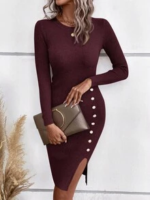 EMERY ROSE Women Solid Ribbed Knit Split Hem Bodycon Sweater Dress In Fall/Winter,Fall,Fall Clothes For Women - Maroon - View 4