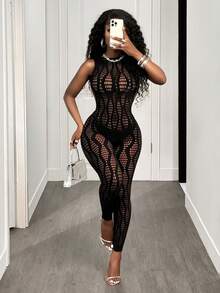 BamGleam Women's Sexy Hollow Out Mesh Backless Sleeveless Bodysuit - Black - View 5